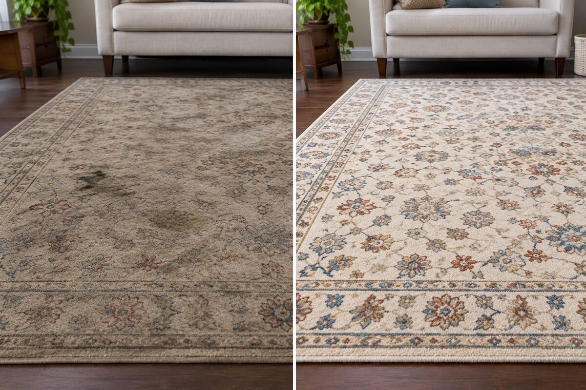 Before and after area rug cleaning